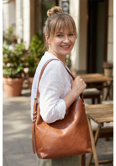 Glemix Shine Taba Yan Metal Detaylı Kırışık Desen Shopper Omuz Çantası Taba Kırışık Desen