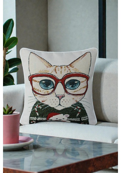 Kırlent Kılıfı Goblen Dokuma Kumaş - 45x45cm Çift Taraflı Biyeli Dekoratif Kırlent Kılıfı - Vs-0050 Çok Renkli
