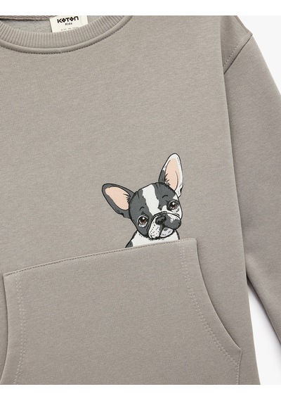 Koton Uzun Kollu Pamuklu Köpek Baskılı Şardonlu Kapşonlu Sweatshirt Gri 6wkg10599ak
