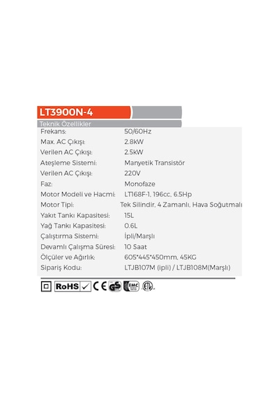 Lutian LT3900N-4 İpli 2.8 KW  Euro V 5 Motor Benzinli Jeneratör