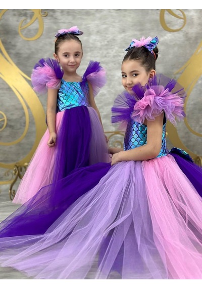 Ay Kids Kız Çocuk Deniz Kızı Temalı Kabarık Tütü Elbise Parti Elbisesi 1405mor Mor