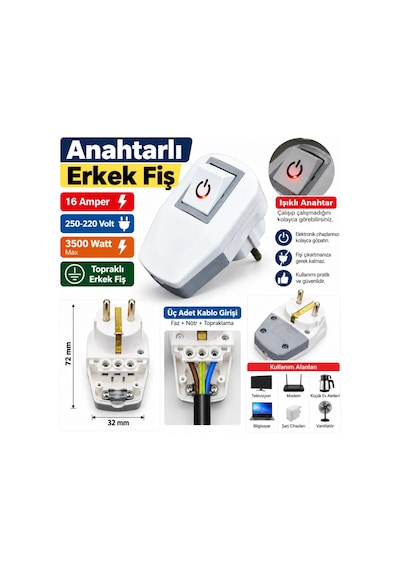 Depa Erkek Anahtarlı Topraklı Fiş Işıklı Anahtarlı Beyaz 220 Volt Kolay Bağlantı
