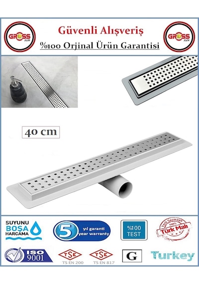 Duş Gider Kanalı - Dönerli Hazne - 304 Paslanmaz Izgara - 40cm