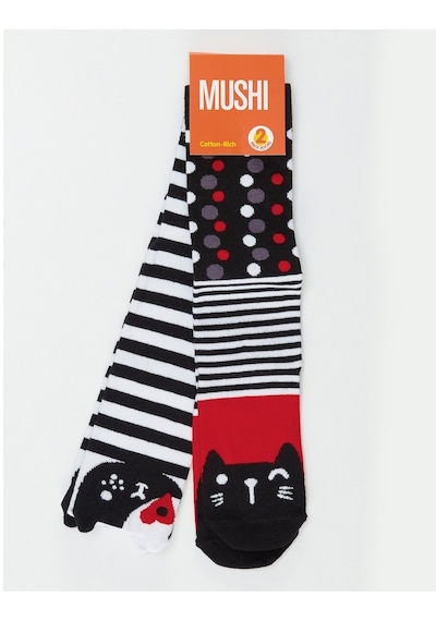 Denokids Mushi Çizgili Kediler Kız Dizaltı Çorap 2'Li