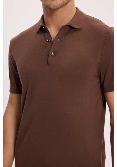 Tudors Erkek Slim Fit Dar Kesim Pamuklu Örme Triko Kahverengi Polo Yaka Tişört-46227
