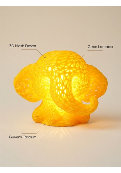 Sevimli Fil Çocuk Odası Gece Lambası 3d Tasarım Led Işıklı Masaüstü Mesh Dekor Hediyelik Sarı