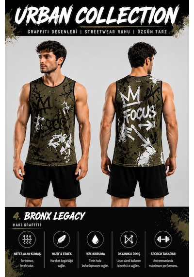 Beydex Erkek Nem Emici Hızlı Kuruma Urban Collection Sporcu Sıfır Kol T-shirt Gym Haki
