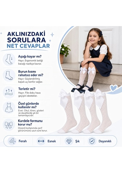 Kız Çocuk Beyaz File Dizaltı Çorap Fiyonklu 3'lü Paket Okul Tören Bayram Gösteri Çorabı