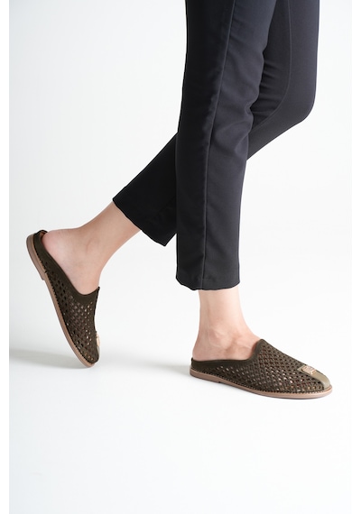 Analin Shoes Kadın Hakiki Deri Delikli Günlük Rahat Terlik Haki
