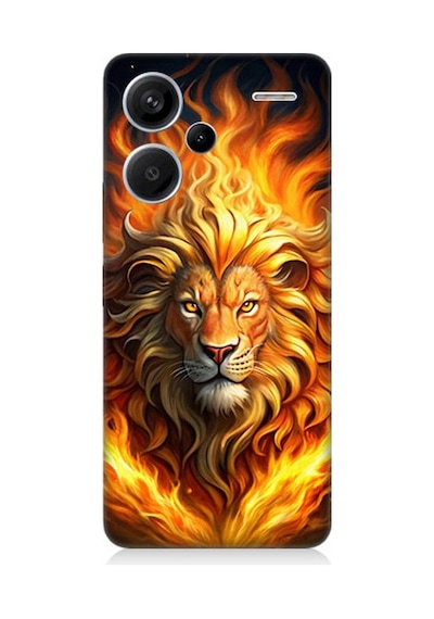 Xiaomi Redmi Note 13 Pro Plus Uyumlu Alevler İçinde Aslan Desenli Silikon Kılıf Çok Renkli