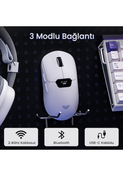 Aula Sc390 Paw3311 Sensör 20000 Dpı 1000hz Kablolu Ve Kablosuz Gaming Oyuncu Mouse Beyaz Sc390