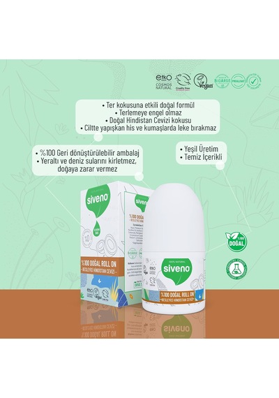 %100 Doğal Roll On Hindistan Cevizli Deodorant Ter Kokusu Önleyici Bitkisel Lekesiz Vegan 50 Ml