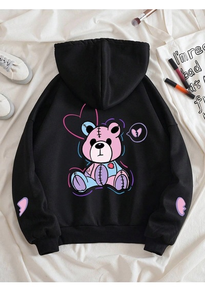 Bear And Heart Print Zip Up Lined Drawstring Hoodie Siyah Siyah