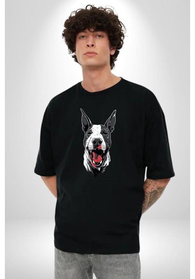 Doberman Kırmızı Dil Siyah Dik Kulak Pamuklu Bisiklet Yaka Kadın Erkek Oversize Boyfriend Dijital Baskılı Siyah T-shirt Siyah