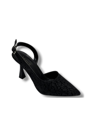 Mengi 685-26 Parlak Simli Saten İnce Topuk Arkası Açık Kadın Stiletto 9cm Siyah