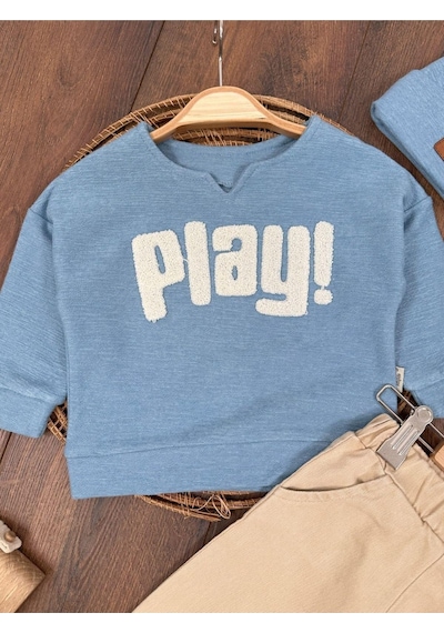 Bebicix Bereli Likralı Play Nakışlı Kanvars Pantolon 3lü Erkek Bebek Mavi