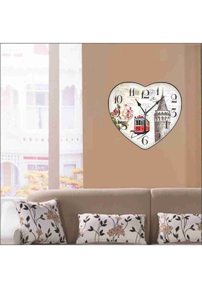 Galata Kulesi Desenli Hediyelik Kalp Duvar Saati Çok Renkli