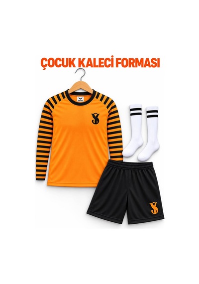 Sonvadi Çocuk Kaleci Forması Turuncu Sünger Destekli Uzun Kol Şortlu Takım Çorap Turuncu