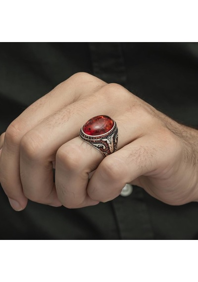 Oval Sentetik Kehribar Taşlı 925 Gümüş Erkek Yüzük