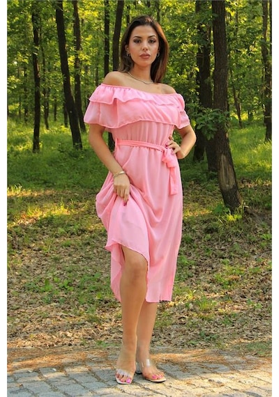 Neşeli Butik Kadın Pembe Kuşaklı Madonna Yaka Baby Shower Elbise Nb8060 Pembe