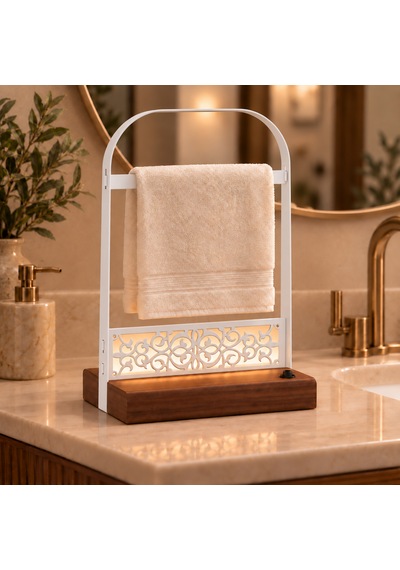 Pilli Led Işıklı El Havluluğu, Ahşap Tabanlı Ayaklı Banyo Havlu Standı Beyaz