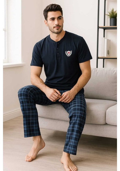 Tenra Erkek Pijama Takımı %100 Pamuk Kısa Kollu Lacivert