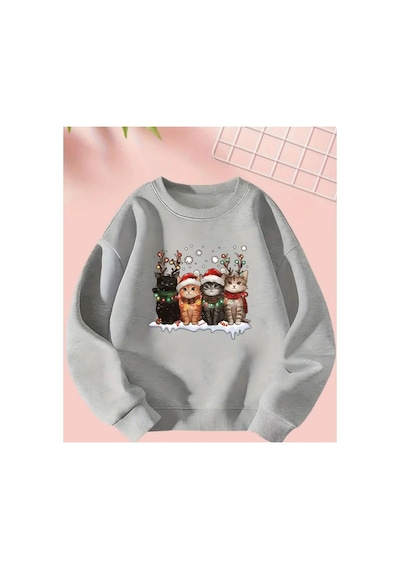 Herkesemoda Noel Kediler Baskı Detaylı Bisiklet Yaka Sweatshırt Gri