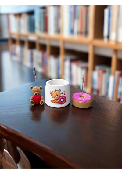 3lü Çok Renkli Donut Ve Ayıcık Tutacaklı Kalemlik Fotoğraf Not Tutucu Ofis Masası Tutacak Hediyelik 3lü Set