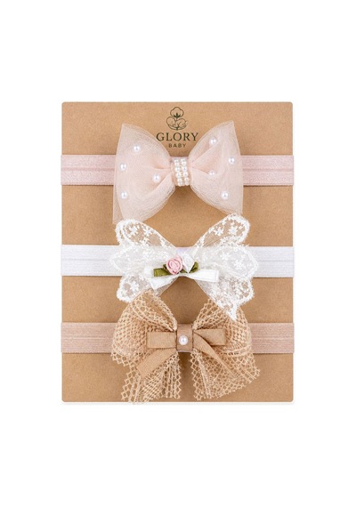 Kız Bebek Bandana 3'lü Set Fisto - Dantel - İncili Tül Pudra-beyaz-bej Pudra-beyaz-bej