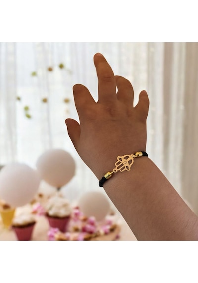 Ü Harfine Özel Hamsa Motifli 14 Ayar Altın Plakalı Siyah İpek Örgülü Hediye Bileklik-509harf Ü