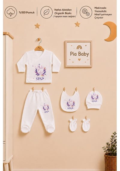 Pia Baby Kişiye Özel %100 Pamuk 5 Parça Kız Bebek Zıbın Seti 2072zyx Krem