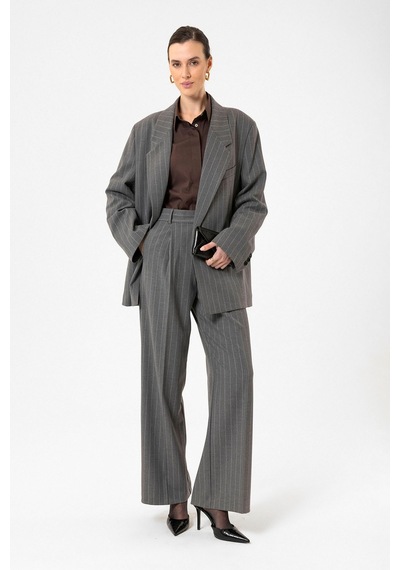 Antioch Kadın Çizgili Oversize Blazer Ceket Gri