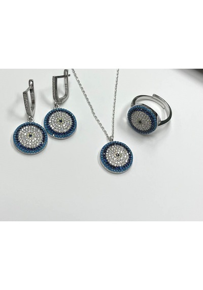 Zirkon Taşlı Nazar Boncuk Set Gümüş