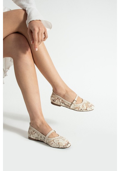 Dabab Shoes Merına Kadın Krem Düz Babet Dantel Dokuma Çiçek Desenli Tokalı Düz Ayakkabı Ekru