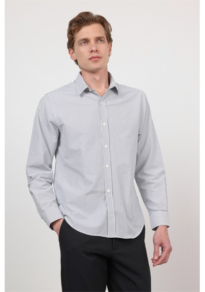 İmza Beyaz - Siyah Sert Yaka Uzun Kol Cepsiz Slim Fit Pamuklu Gömlek 1004260214