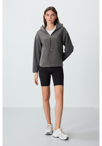 Tommy Life Koyu Gri Kalın Yumuşak Dokulu Kapüşonlu Oversize Nakışlı Polar Kadın Sweatshirt -97286 Koyu Gri