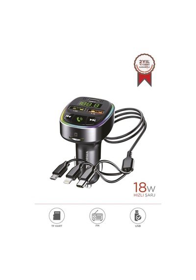 Torima G15 Siyah Fm Transmitter Araç Şarj Cihazı 18w Hızlı Şarj - Usb/type-c/tf Kart Destekli