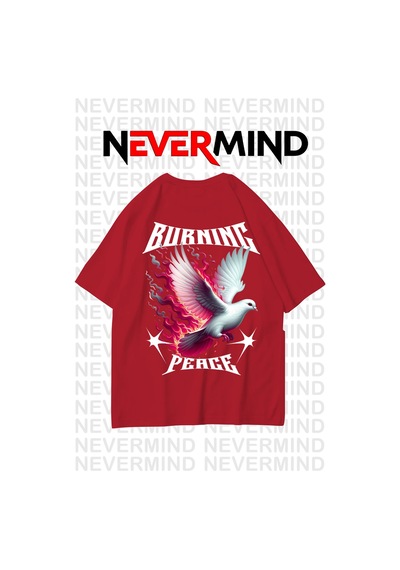 Nevermınd Unisex Burning Peace Baskılı %100 Pamuk Oversize Tişört Kırmızı Kırmızı