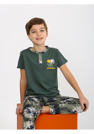 Vitmo Erkek Çocuk Kısa Kollu Düğme Detaylı %100 Pamuklu Pijama Takımı The Palm Yeşil