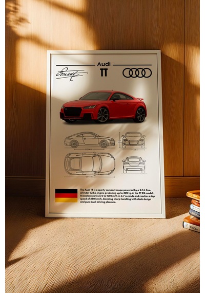 Audi Tt Tablo - Teknik Özellikli Alman Spor Coupe Poster - Çerçeveli Duvar Dekoru - Araba Blueprint Beyaz