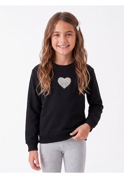 Onloox Kız Çocuk Siyah Kız Çocuk Siyah Pamuklu Bisiklet Yaka Uzun Kollu İnci Taşlı Kalp Desenli Sweatshirt 9-14 Yaş