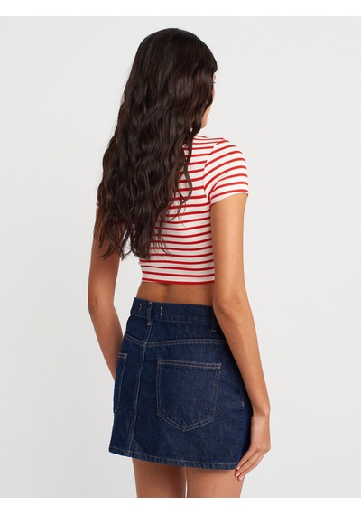 Dilvin 31889 Çizgili Crop Top-Ekru - Kırmızı