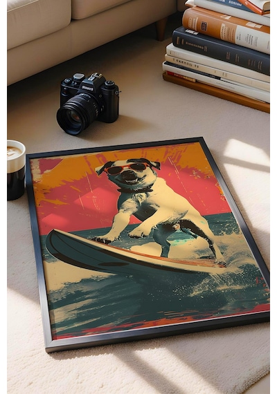 Sörf Yapan Köpek Çerçeveli Tablo - Pop Art Poster Tablo