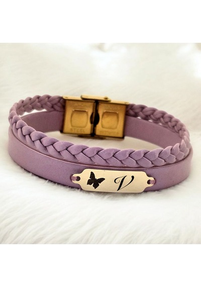 Archin V Harfine Özel 14 Ayar Altın Plakalı Açık Mor Derili Kelebek Figürlü Hediye Bileklik-655harf V Archin V Harfine Özel 14 Ayar Altın Plakalı Açık Mor Derili Kelebek Figürlü Hediye Bileklik-655harf V