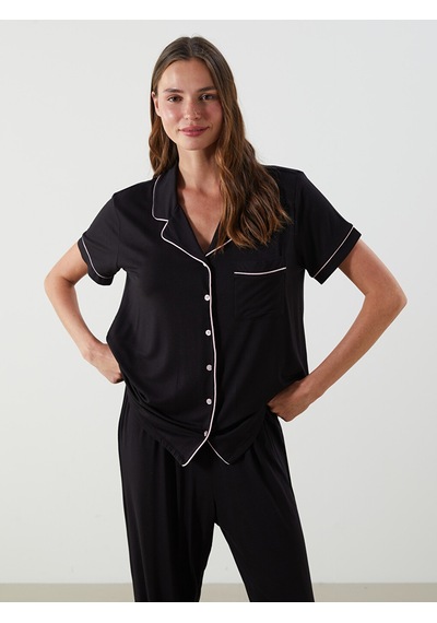 Lcw Dream Siyah Gömlek Yaka Düz Kısa Kollu Kadın Pijama Takımı