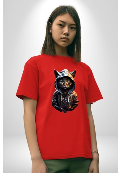 Hip Hop Gençlik Kedi Çeket Pamuklu Bisiklet Yaka Unisex Oversize Boyfriend Dijital Baskılı Kırmızı T-shirt Kırmızı