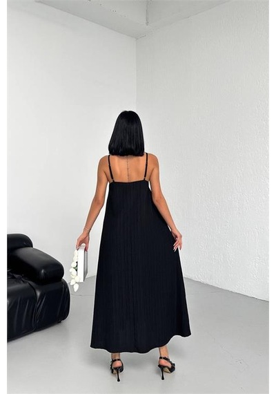 Neşeli Butik Kadın Siyah Askılı İçi Astarlı Kaş Keten Elbise Nbg017 Siyah