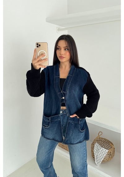 Femelle Siyah Kolları Ve Sırtı Triko Kot Denim Oversize Hırka Cepli Standart Beden
