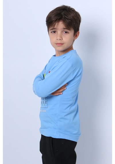Hçm Erkek Çocuk Uzun Kollu Tshirt Stay True Baskılı Bisiklet Yaka E29 Mavi