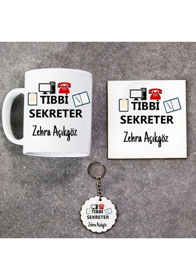Tıbbi Sekreter Hediye Seti Kupa Bardak+Altlık+Anahtarlık